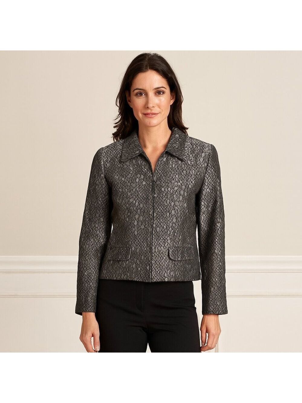 Alfred Dunner Petite Snake-Textured Zip Jacket | Shiny Gray & Black | Size 6P